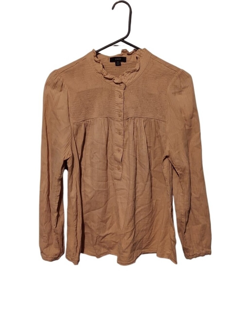 J. Crew Tan Long Sleeve Gauze Top Size Medium Boho Peasant Cottage Preppy Office